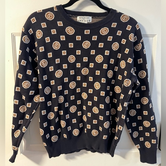 Vintage Black Geometric Swirl Shapes Patterned Rana Rowen for Saville Sweater SM - Picture 1 of 10